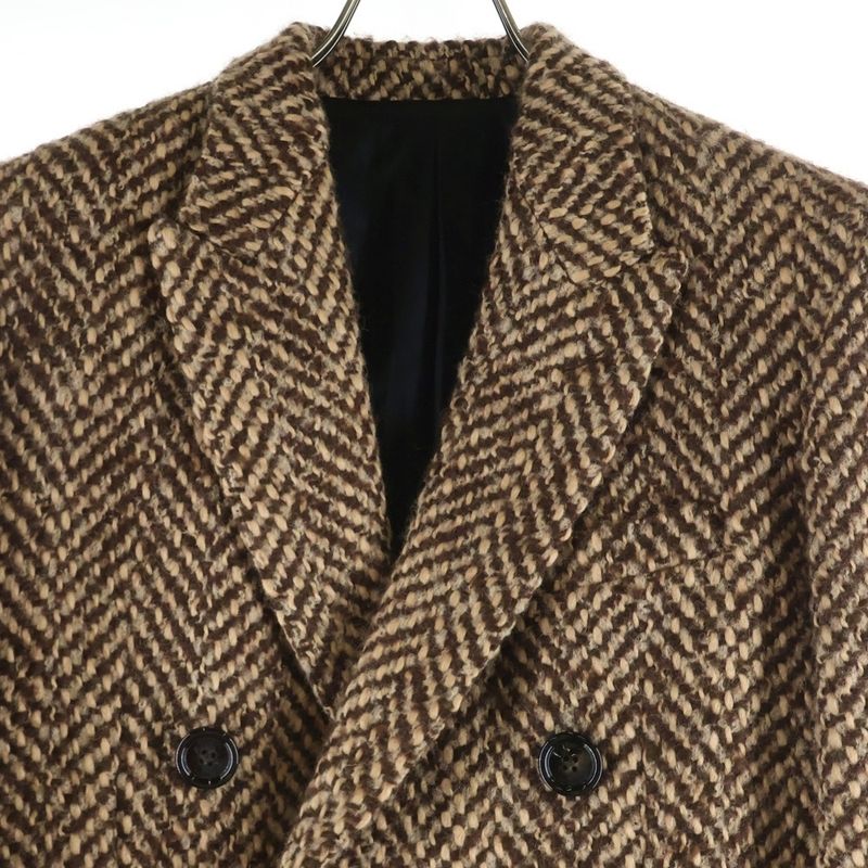 Celine Double Pocket Peak Lapel Herringbone Long Coat Brown