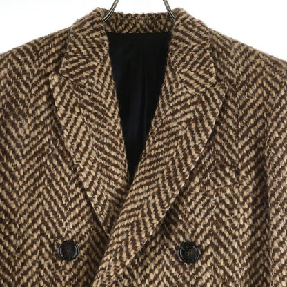 Celine Double Pocket Peak Lapel Herringbone Long Coat Brown