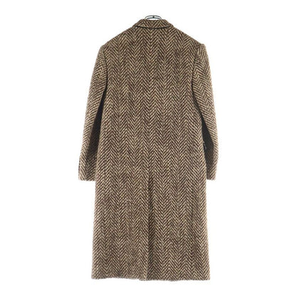 Celine Double Pocket Peak Lapel Herringbone Long Coat Brown