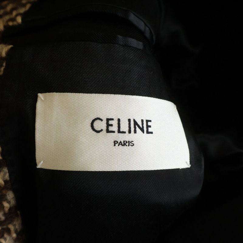Celine Double Pocket Peak Lapel Herringbone Long Coat Brown