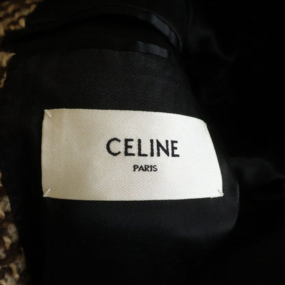 Celine Double Pocket Peak Lapel Herringbone Long Coat Brown