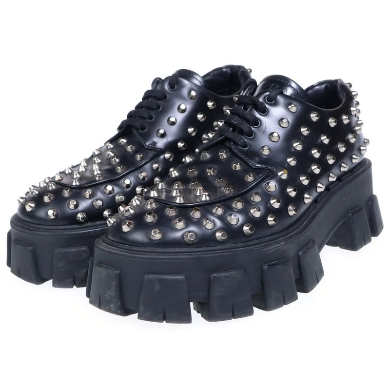 Prada Monolith Brushed Leather Studded Loafers Black