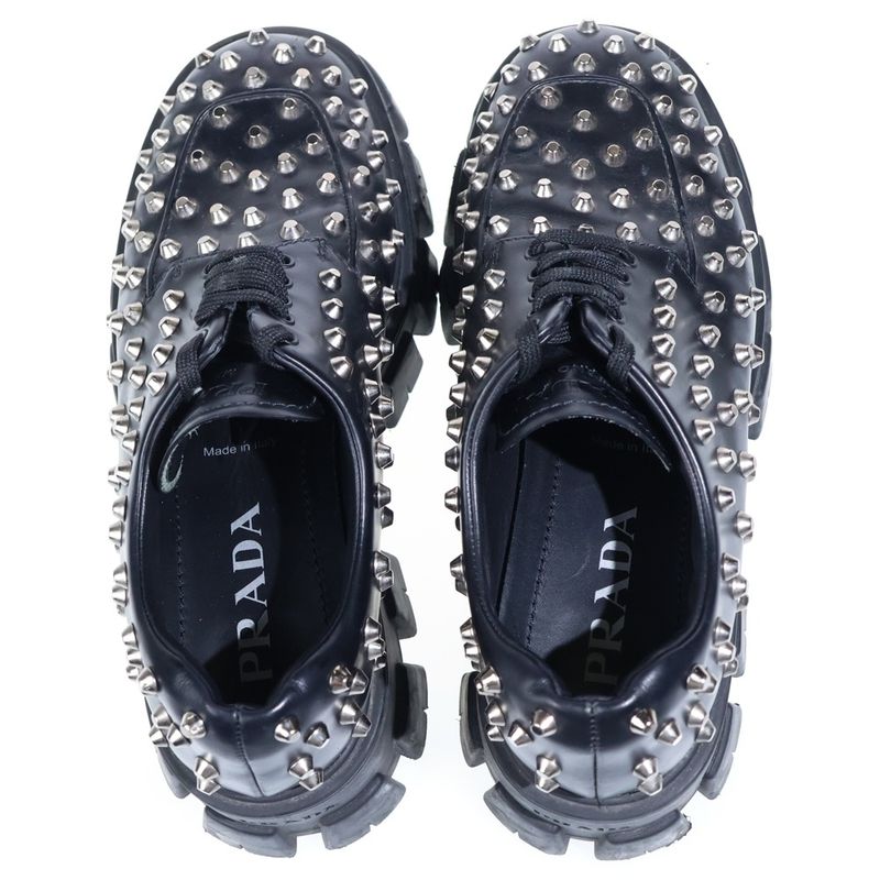 Prada Monolith Brushed Leather Studded Loafers Black