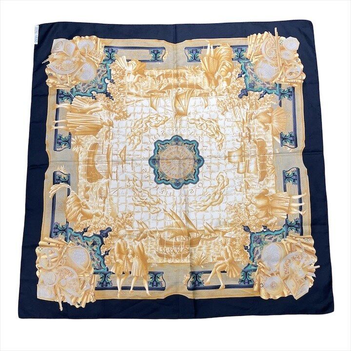 Hermes Carre 90 Azulejos Silk Large Scarf Shawl Black Yellow