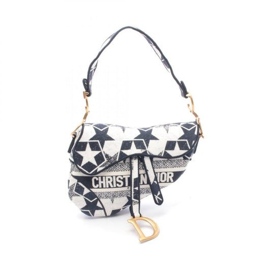 Dior Saddle Bag Star Embroidery White Navy Canvas