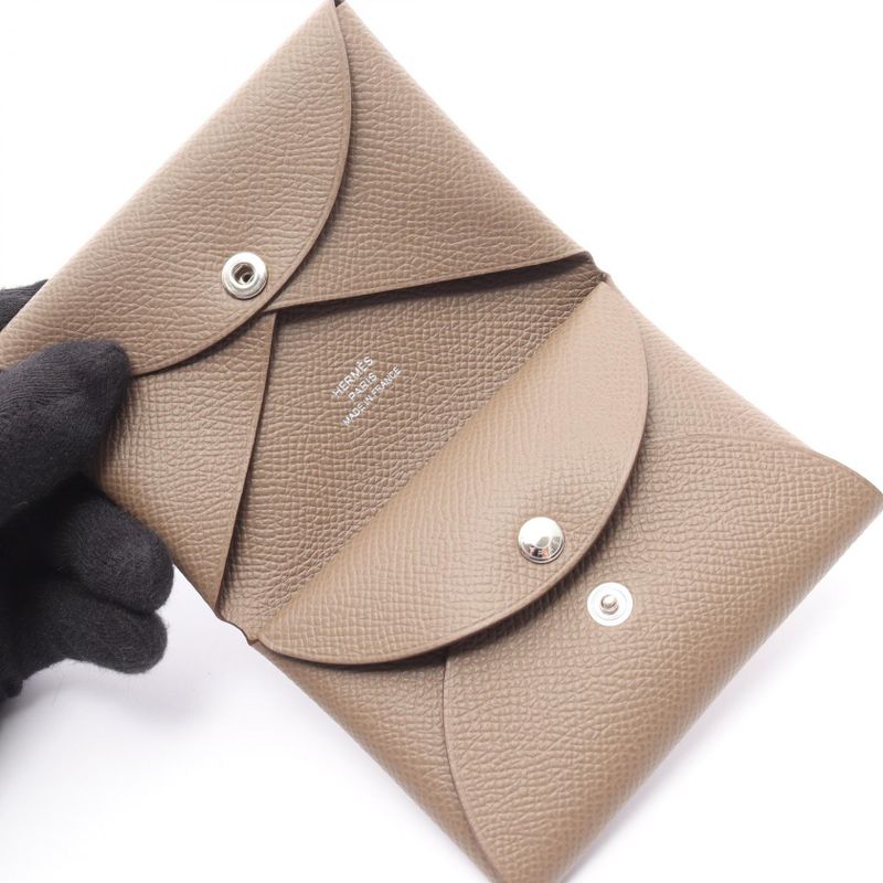 Hermes Coin Case Calvi Duo Etoupe Leather Etoupe Beige