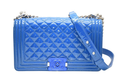 Chanel Boy Chain Shoulder Bag Patent Leather CC Logo Silver