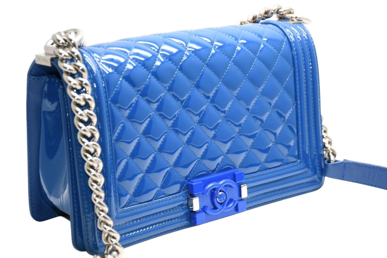 Chanel Boy Chain Shoulder Bag Patent Leather CC Logo Silver — view 3