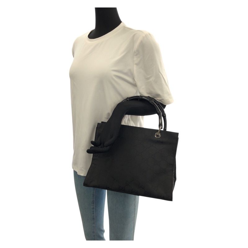 Gucci Bamboo GG Pattern Black Silver Nylon Tote