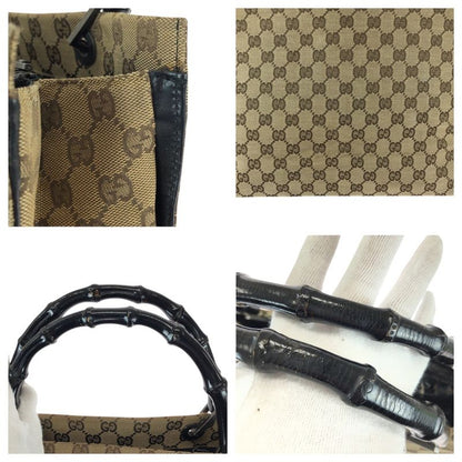 Gucci Bamboo Beige Brown Gunmetal GG Canvas 002 Tote