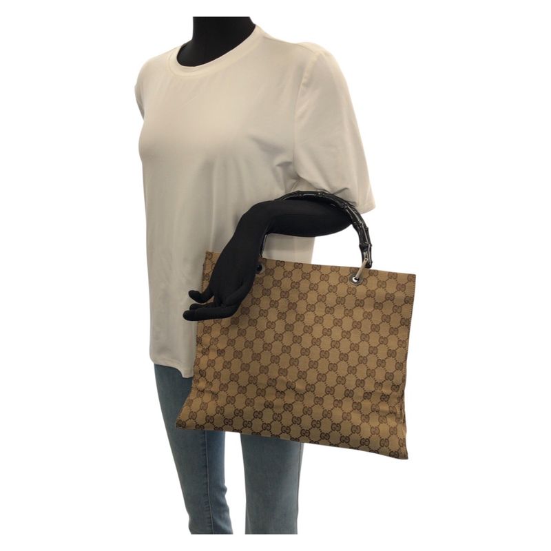 Gucci Bamboo Beige Brown Gunmetal GG Canvas 002 Tote