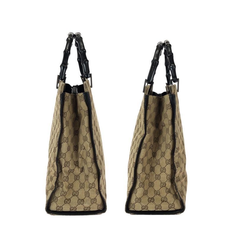 Gucci Bamboo Beige Brown Gunmetal GG Canvas 002 Tote
