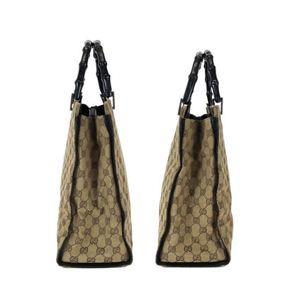 Gucci Bamboo Beige Brown Gunmetal GG Canvas 002 Tote