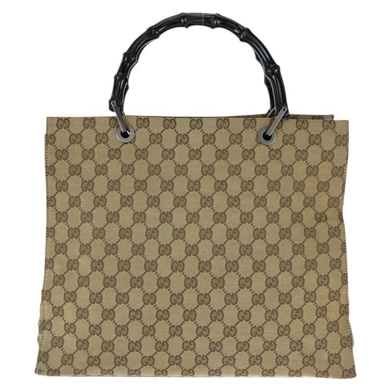 Gucci Bamboo Beige Brown Gunmetal GG Canvas 002 Tote