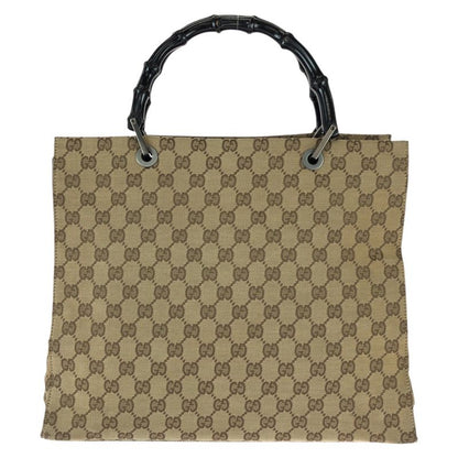 Gucci Bamboo Beige Brown Gunmetal GG Canvas 002 Tote