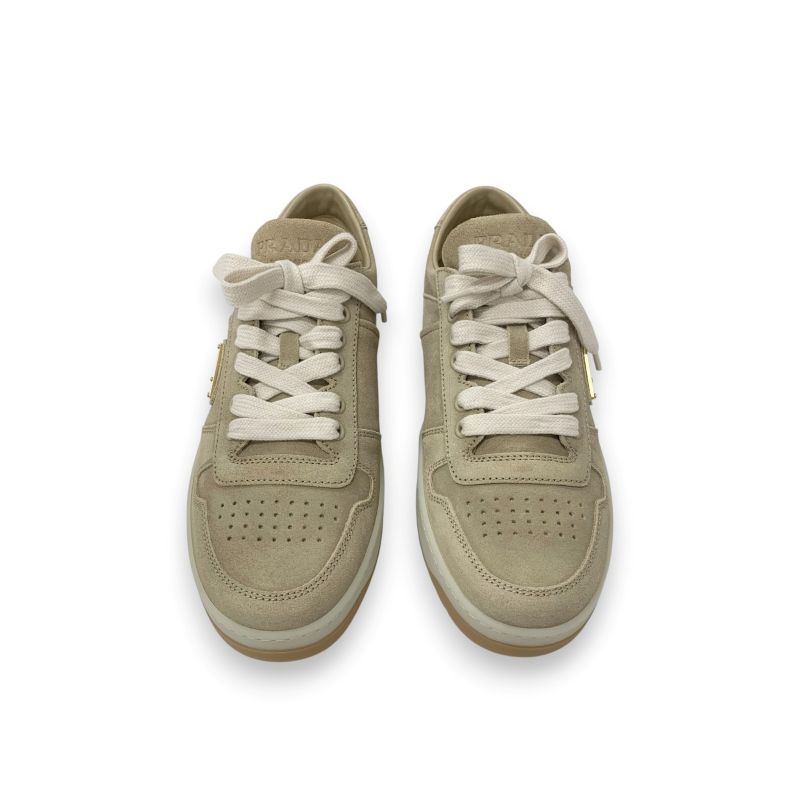 Prada Downtown Sneakers Shoes Delave Suede Beige Gold Logo