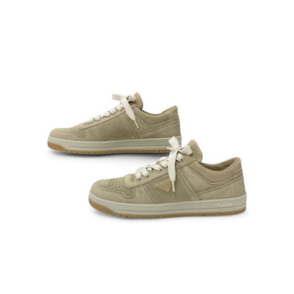 Prada Downtown Sneakers Shoes Delave Suede Beige Gold Logo