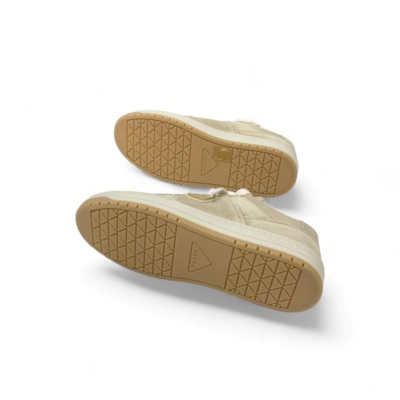 Prada Downtown Sneakers Shoes Delave Suede Beige Gold Logo