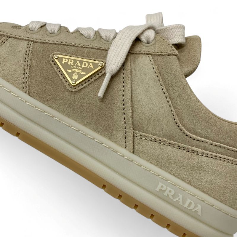 Prada Downtown Sneakers Shoes Delave Suede Beige Gold Logo
