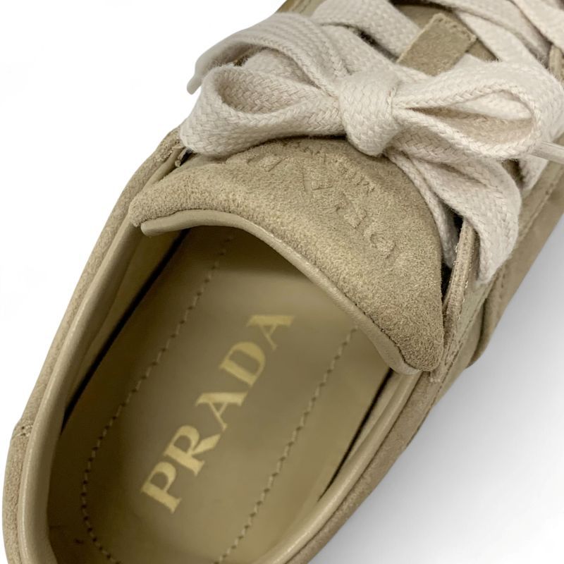 Prada Downtown Sneakers Shoes Delave Suede Beige Gold Logo