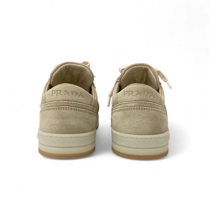 Prada Downtown Sneakers Shoes Delave Suede Beige Gold Logo