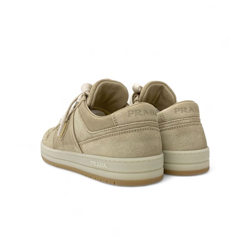 Prada Downtown Sneakers Shoes Delave Suede Beige Gold Logo