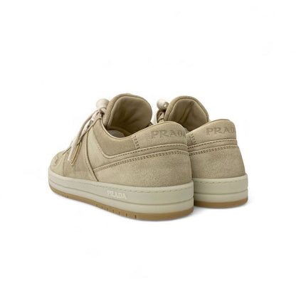 Prada Downtown Sneakers Shoes Delave Suede Beige Gold Logo