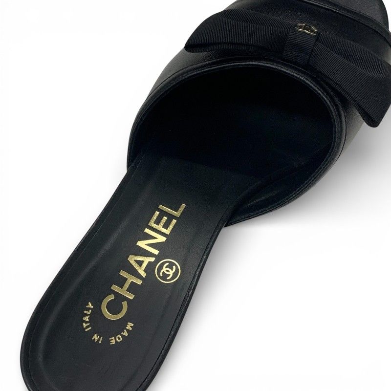 Chanel Sandals Shoes Leather Black Gold CC Logo Ribbon Mule