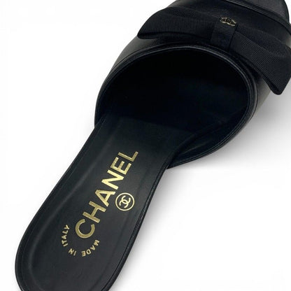 Chanel Sandals Shoes Leather Black Gold CC Logo Ribbon Mule