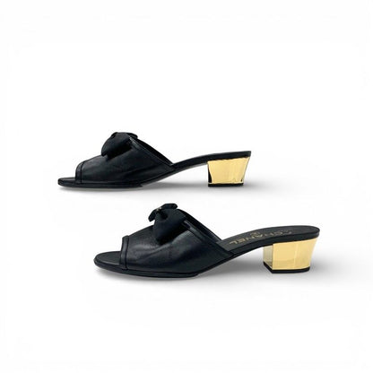 Chanel Sandals Shoes Leather Black Gold CC Logo Ribbon Mule