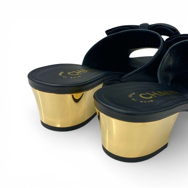 Chanel Sandals Shoes Leather Black Gold CC Logo Ribbon Mule