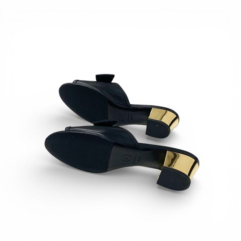 Chanel Sandals Shoes Leather Black Gold CC Logo Ribbon Mule