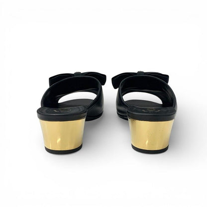 Chanel Sandals Shoes Leather Black Gold CC Logo Ribbon Mule