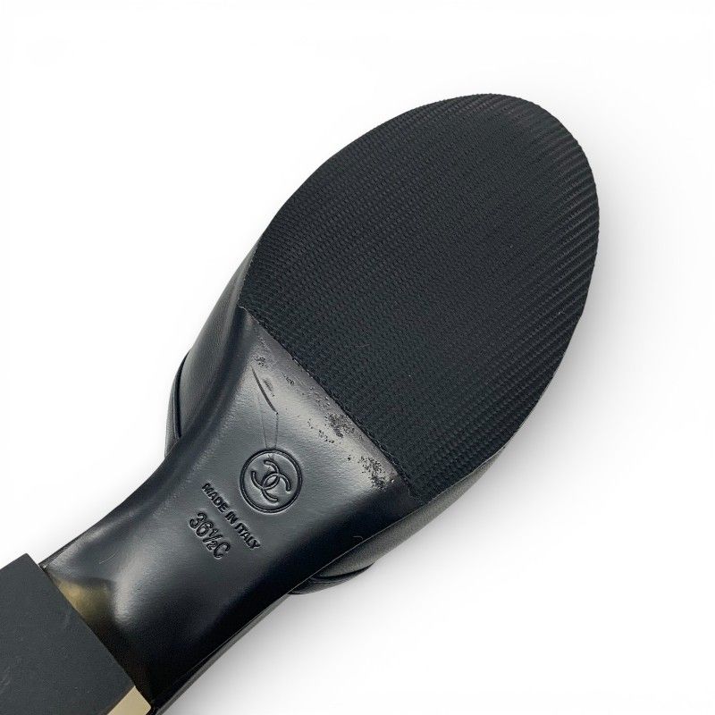 Chanel Sandals Shoes Leather Black Gold CC Logo Ribbon Mule