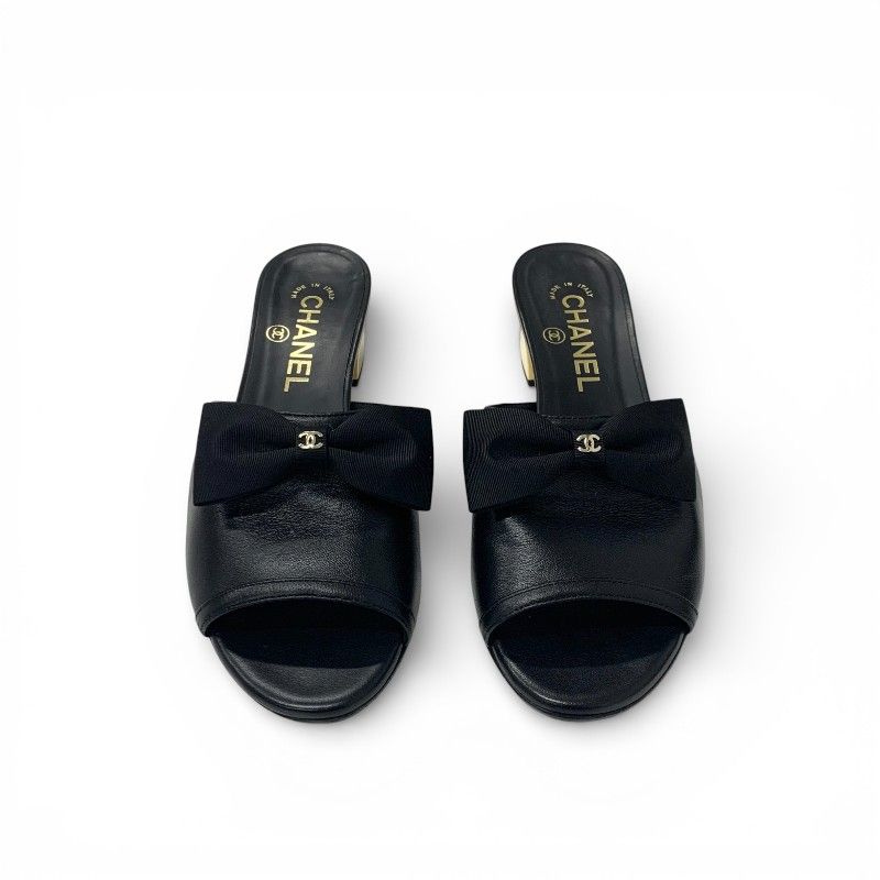 Chanel Sandals Shoes Leather Black Gold CC Logo Ribbon Mule