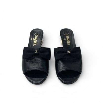 Chanel Sandals Shoes Leather Black Gold CC Logo Ribbon Mule