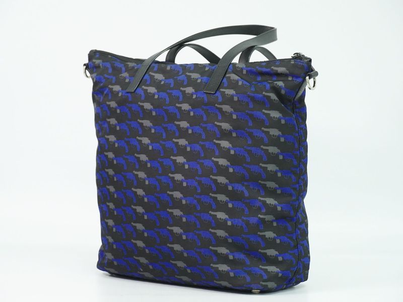 Prada Pistol Pattern Tote Nylon Black Blue Outside Black Blue