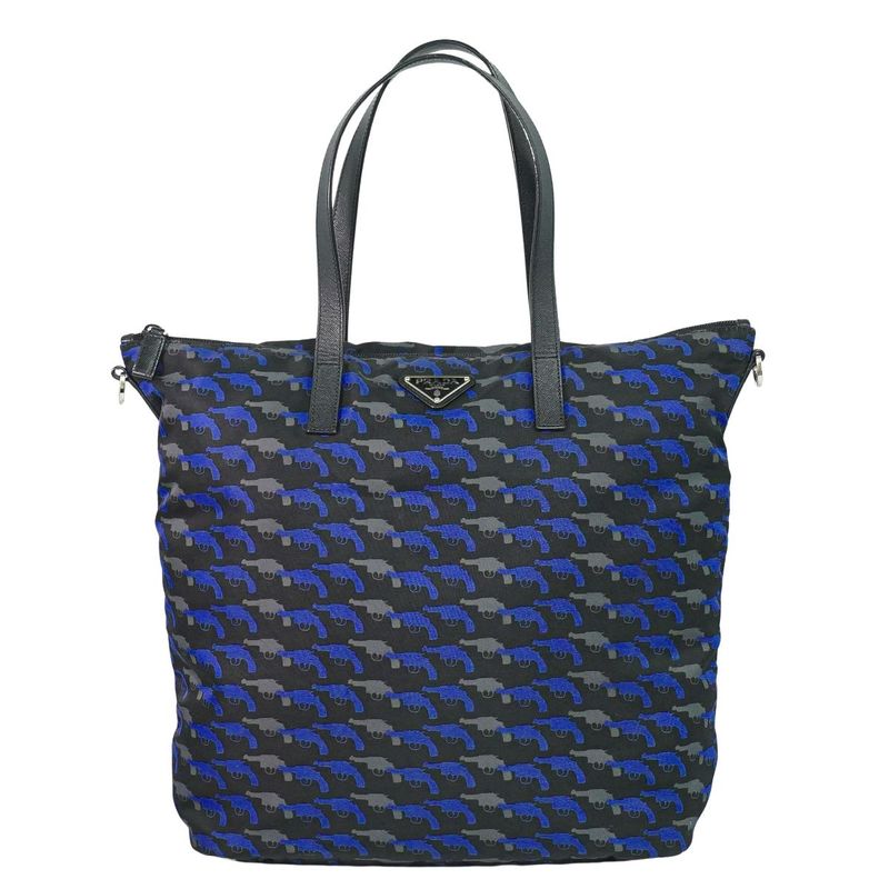 Prada Pistol Pattern Tote Nylon Black Blue Outside Black Blue