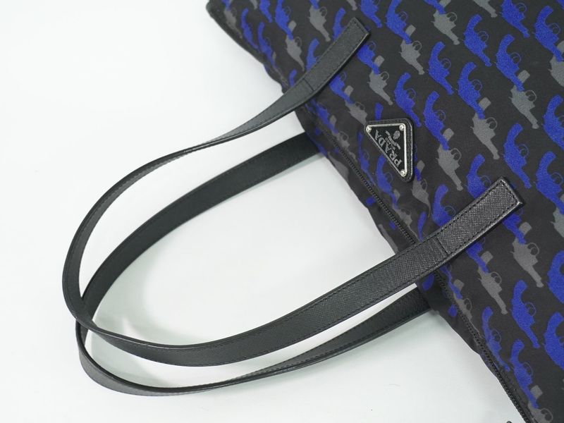 Prada Pistol Pattern Tote Nylon Black Blue Outside Black Blue