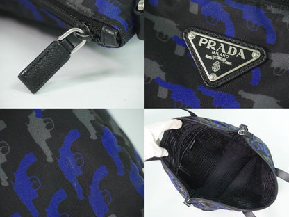 Prada Pistol Pattern Tote Nylon Black Blue Outside Black Blue