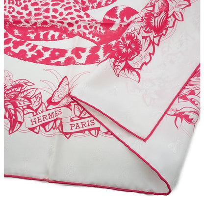 Hermes Carre 90 Jaungle Love Scarf Silk White Pink