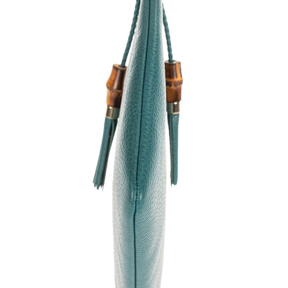 Gucci Bamboo Braided Tassel Zip Clutch Light Blue Grain Leather