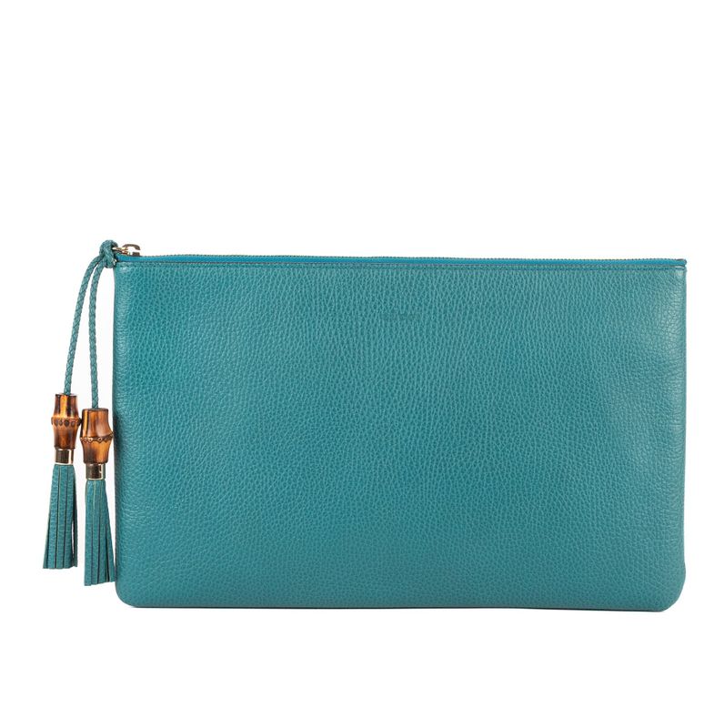 Gucci Bamboo Braided Tassel Zip Clutch Light Blue Grain Leather
