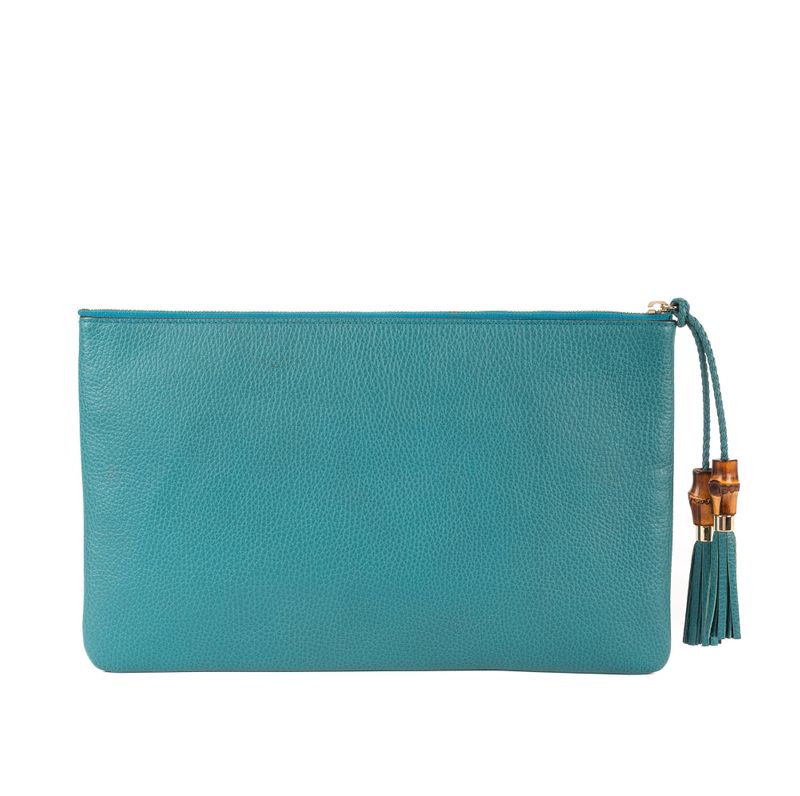 Gucci Bamboo Braided Tassel Zip Clutch Light Blue Grain Leather