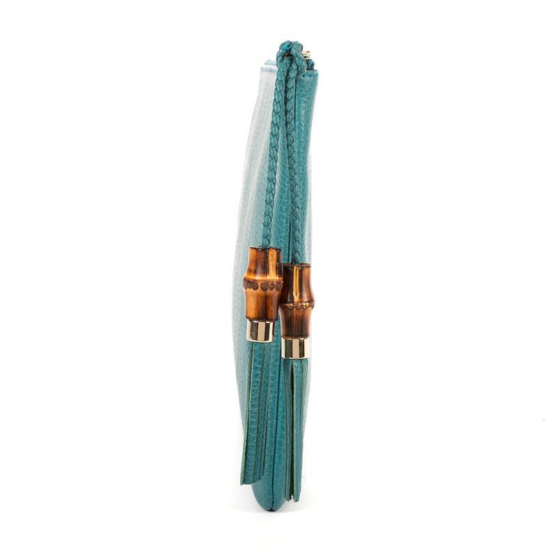 Gucci Bamboo Braided Tassel Zip Clutch Light Blue Grain Leather