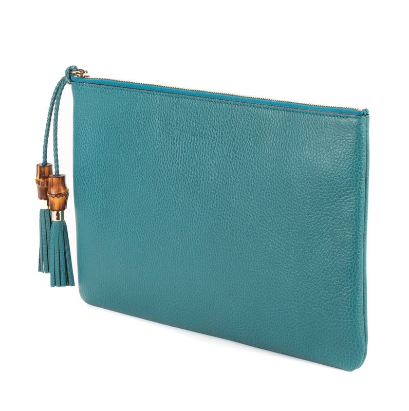 Gucci Bamboo Braided Tassel Zip Clutch Light Blue Grain Leather