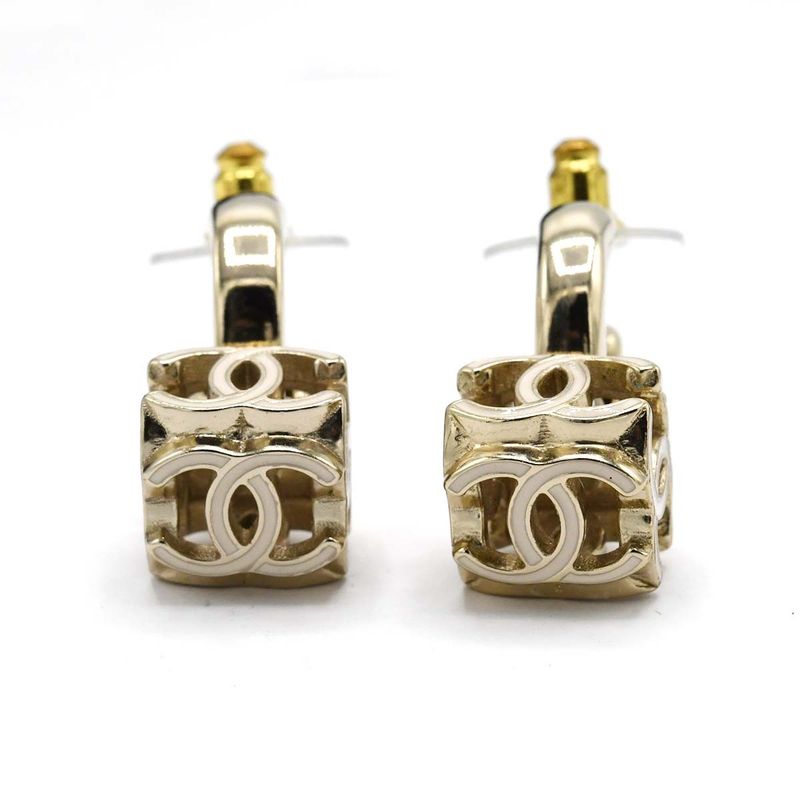 Chanel Earrings CC Logo Hoop Dice Champagne Gold
