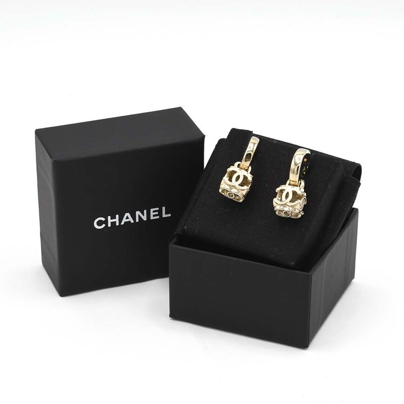 Chanel Earrings CC Logo Hoop Dice Champagne Gold