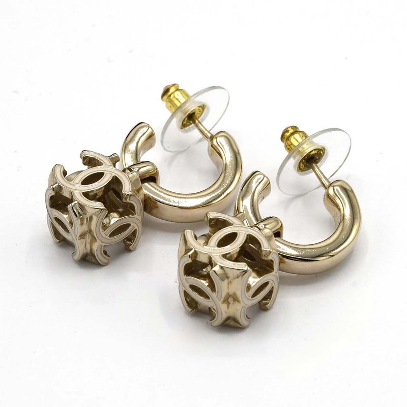 Chanel Earrings CC Logo Hoop Dice Champagne Gold