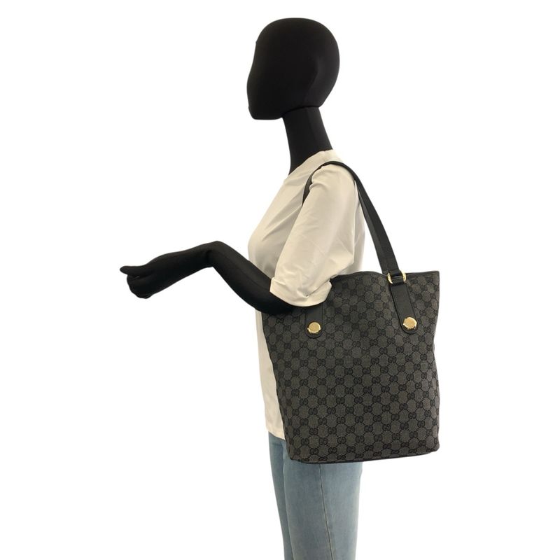 Gucci Black Gold GG Canvas Leather Tote Shoulder Bag